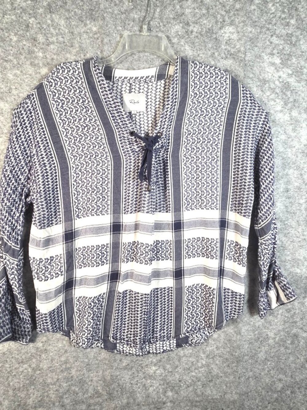 Rails Blue White Lace Up Blouse Size L Boho Coastal Elevated Casual Top